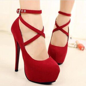 Tiandi Kaige Red Italian Suede Platform Stiletto Ankle Strap Buckle sz 39 US 9